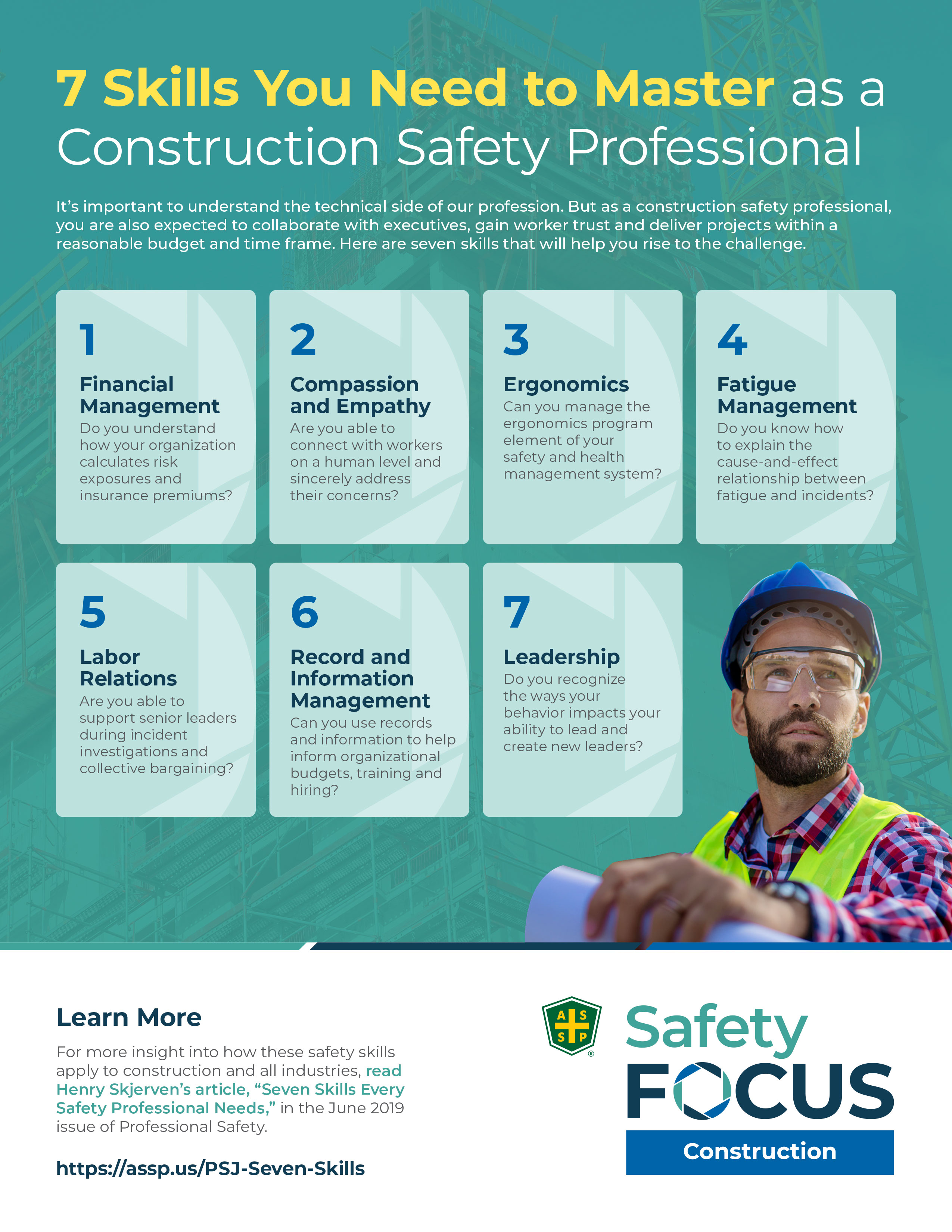 Infographic titled 7 Skills You Need to Master as a Construction Safety Professional